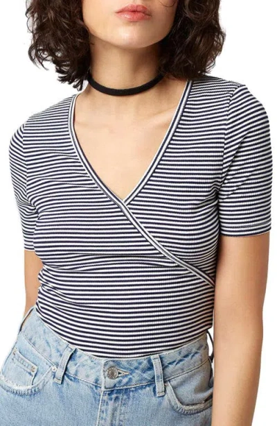 Topshop Stripe Surplice Jersey Bodysuit In Blue