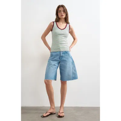 Topshop Stripe V-neck Stretch Cotton Rib Tank In Blue