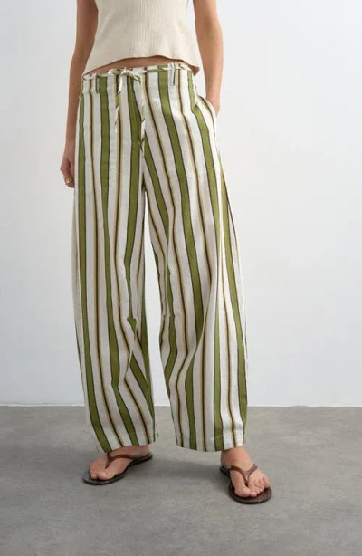 Topshop Stripe Wide Leg Linen & Cotton Pants In Green