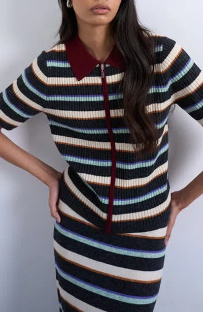 Topshop Stripe Zip Rib Polo In Multi