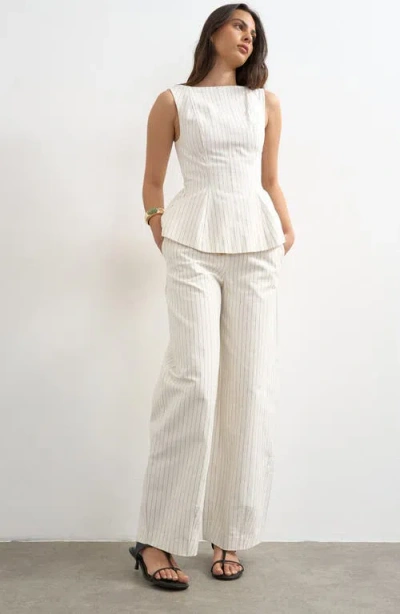 Topshop Striped High Neck Peplum Top In White