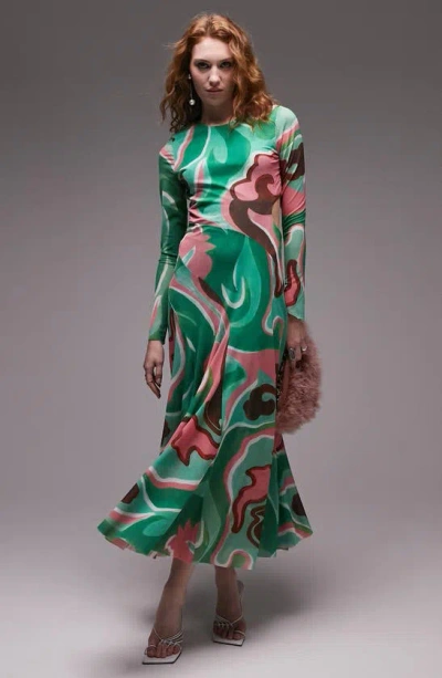 Topshop Swirl Long Sleeve Cutout Maxi Dress In Green Multi