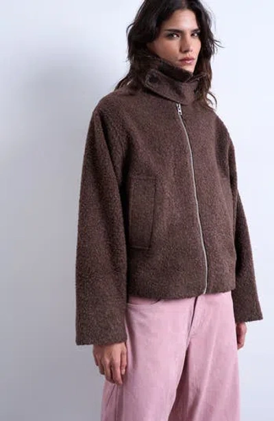 Topshop Tab Bouclé Bomber Jacket In Brown