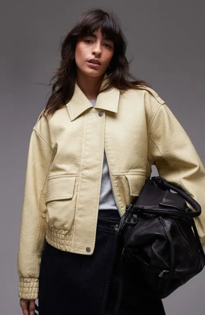 Topshop Textured Faux Leather Crop Bomber Jacket In Buttermilk