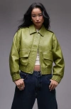 Topshop Textured Faux Leather Crop Bomber Jacket In Green