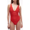 Topshop Textured Plunge Swimsuit In Red In Red