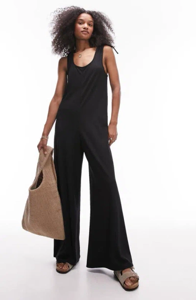 Topshop Tie Shoulder Wide Leg Rib Jumpsuit In Black