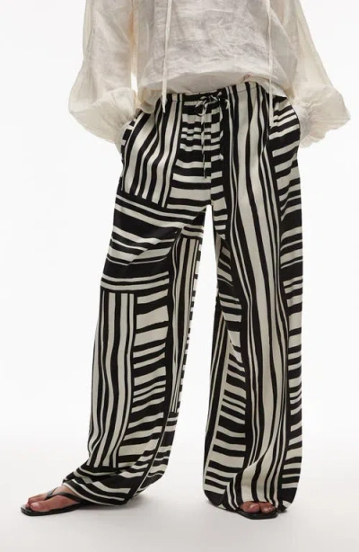 Topshop Tie Waist Wide Leg Satin Trousers In Black
