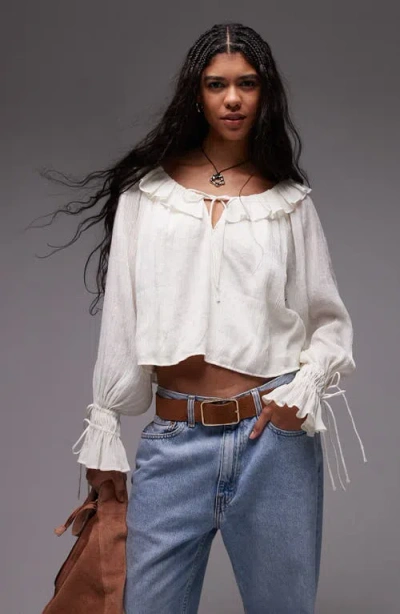 Topshop Ruffle Neck Femme Top In White