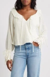 Topshop Tied Cuff Split Neck Top In Neutral