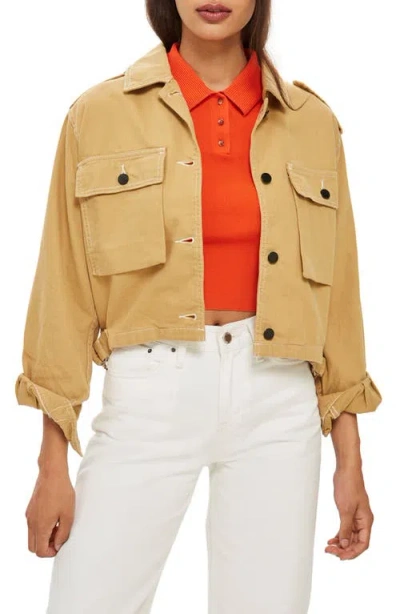 Topshop Topstitch Cotton Shacket In Brown