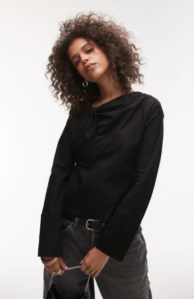 Topshop Twist Front Cotton Poplin Top In Black
