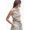 Topshop Textured Sleeveless High Neck Top In Sage-green In Multi