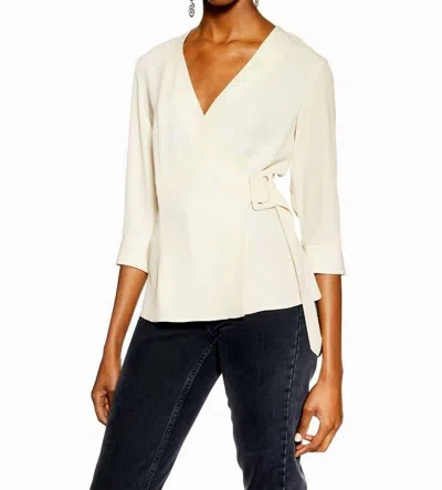Topshop V-neck 3/4 Sleeve Belted Crepe Wrap Blouse In Ivory In Multi