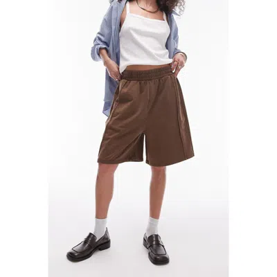 Topshop Acid Wash Longline Short In Chocolate-brown In Brown