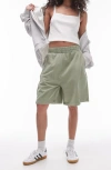 Topshop Acid Wash Longline Shorts In Sage-green