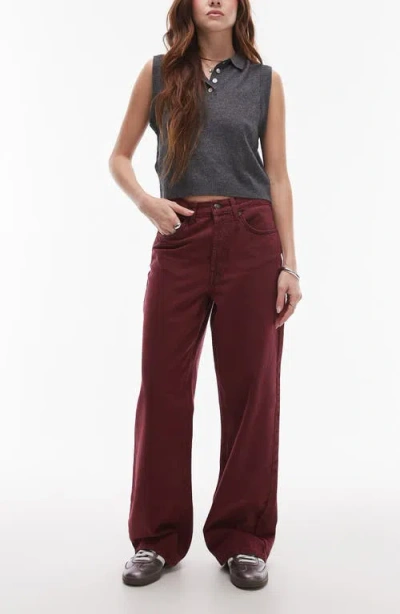 Topshop Wide Leg Column Jeans In Burgundy