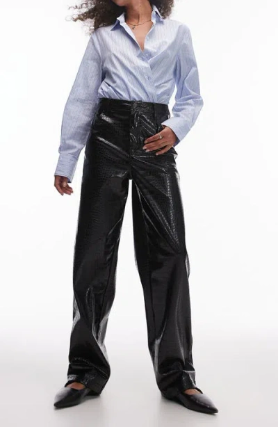 Topshop Wide Leg Croc Embossed Faux Leather Pants In Black