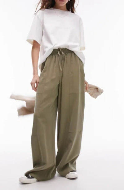 Topshop Pull On Wide Leg Pants In Khaki-green