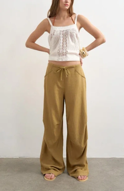 Topshop Wide Leg Linen & Cotton Utility Pants In Brown