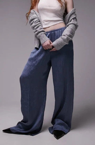 Topshop Wide Leg Pull-on Trousers In Mid Blue
