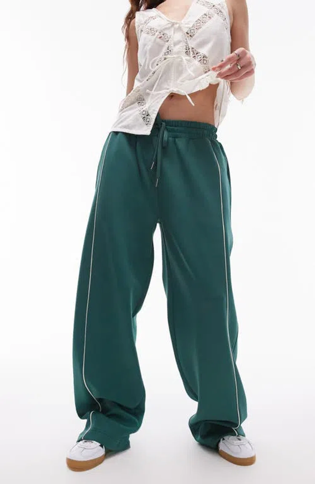 Topshop Wide Leg Track Pants In Mid Green ModeSens