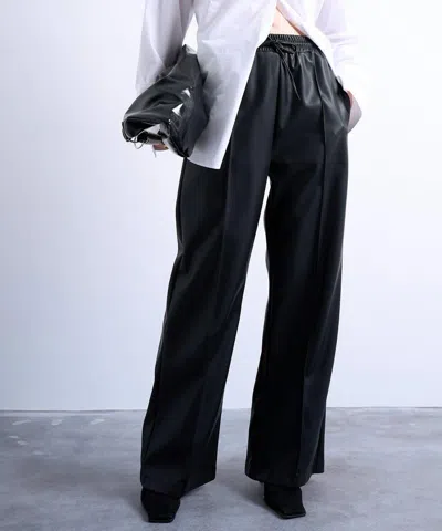 Topshop Women's Black Faux Leather Wide Leg Joggers With Pinseam Detail