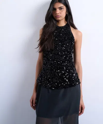 Topshop Velvet Sequin Halter Top In Black