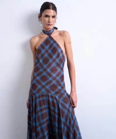 Topshop Women's Blue Check Chiffon Volume Hem Dropped Waist Maxi Dress