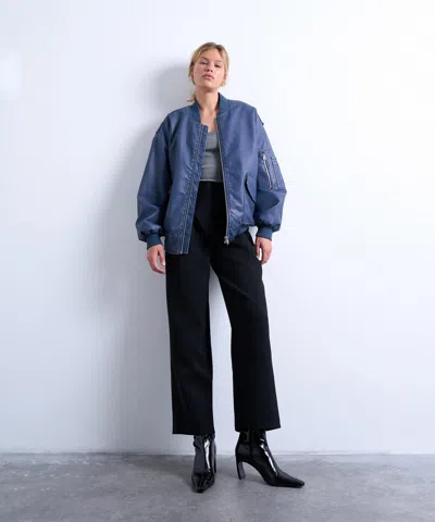 Topshop Women's Blue Faux Leather Ma1 Bomber Jacket