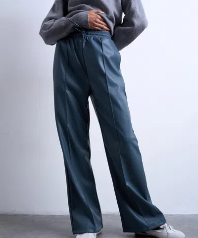 Topshop Women's Blue Faux Leather Wide Leg Joggers With Pinseam Details