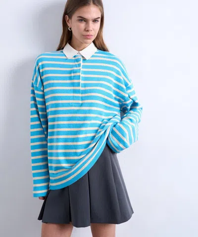 Topshop Women's Blue Stripe Long-sleeve Rugby Polo Top