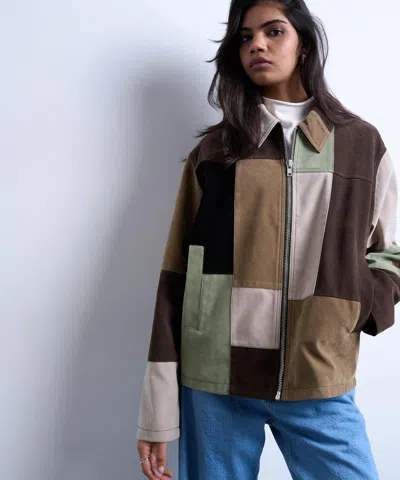 Topshop Women's Boxy Faux Suede Patchwork Zip Through Jacket In Multi