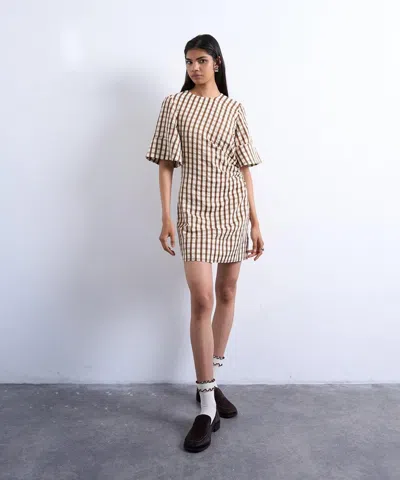 Topshop Women's Brown Check Seersucker T-shirt Mini Dress In Animal Print