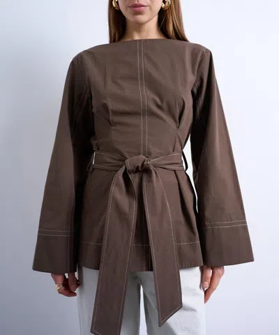 Topshop Long Sleeve Tie Waist Top With Contrast Stich In Brown