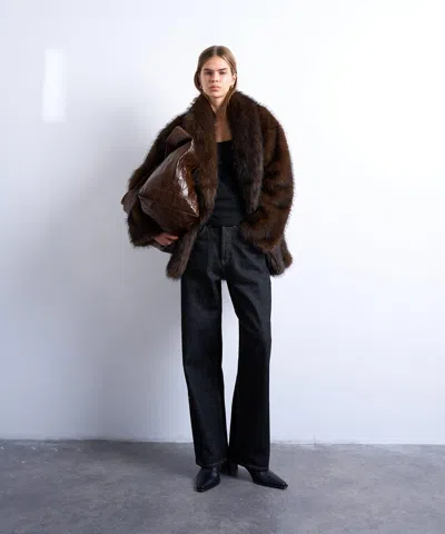 Topshop Women's Chocolate Faux Fur Collarless Mid-length Coat In Burgundy