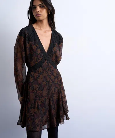 Topshop Women's Dark Based Floral Long-sleeve Mini Tea Dress In Brown