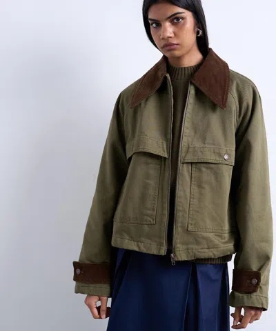 Topshop Denim Padded Barn Jacket With Contrast Cord Collar In Green