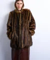 Topshop Women's Faux Fur Collarless Mid Length Coat In Brown
