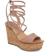 Topshop Women Leather Ankle Wrap Cork Wedge Sandals In Pink In Multi