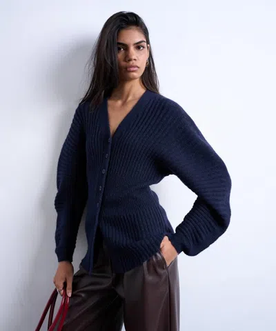 Topshop Women's Navy Knitted Ovoid Sleeve Cinch Cardigan In Blue
