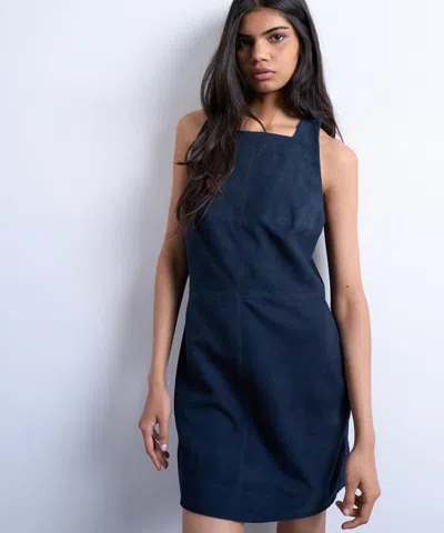 Topshop Real Suede Square Neck Halter Neck Mini Dress In Blue