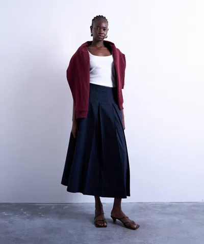 Topshop Women's Pleated Navy Rust Stripe Midi Skirt In Blue