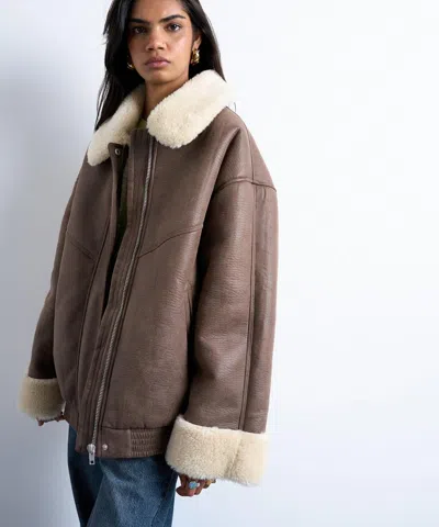 Topshop Women's Black Vintage Wash Shearling Aviator Bomber Jacket In Brown