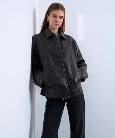 Topshop Women's Washed Black Pu Zip-through Jacket