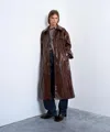 Topshop Faux Leather High Shine Washed Trench Coat In Brown