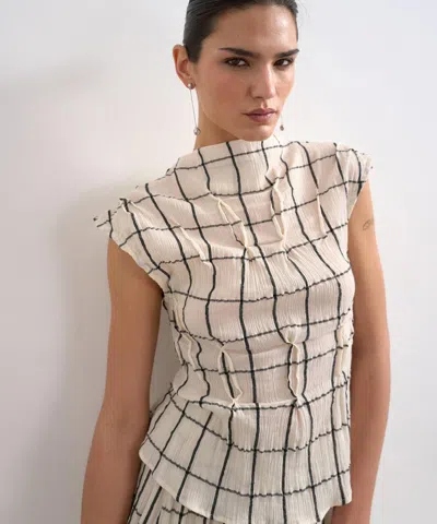 Topshop Women's Windowpane Check Sleeveless Pintuck Crinkle Top In Neutral