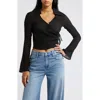 Topshop Wrap Front Long Sleeve Woven Top In Black