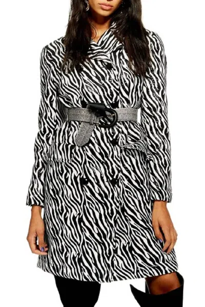 Topshop Zebra Print Double Breasted Shimmer Coat In Black/white In Multi