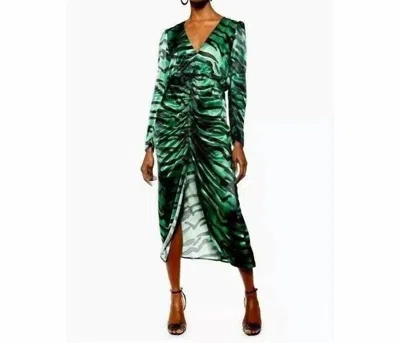 Topshop Zebra Print Ruched Puff Sleeve Satin Midi Dress In Green